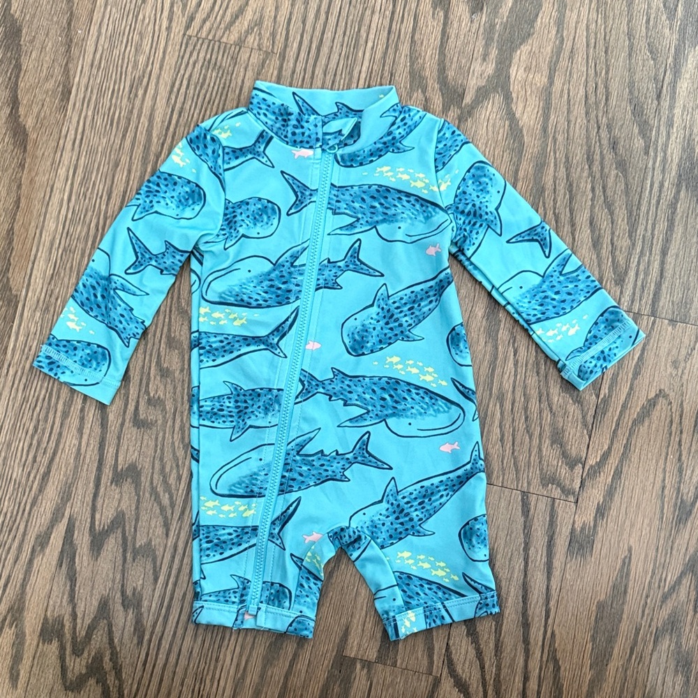 Carter's Mint Green Shark-Print Zip Front Swim Romper